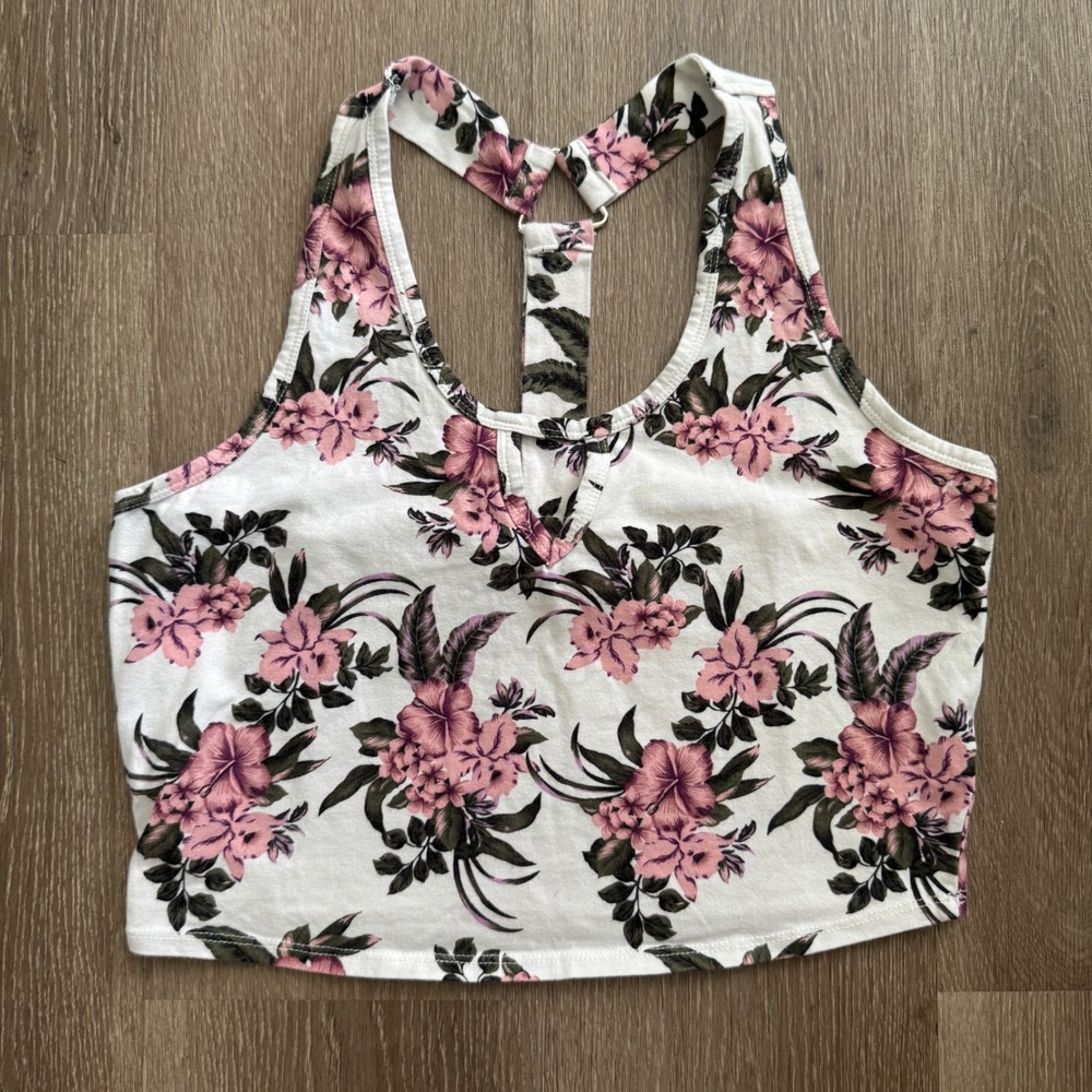 Charlotte Russe Crop Top Women Large White Pink Floral Tropical T-Back V-Neck